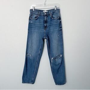 [Zara] High Rise Medium Wash Ripped Knee Straight Leg Jeans Rigid Cotton Size 6